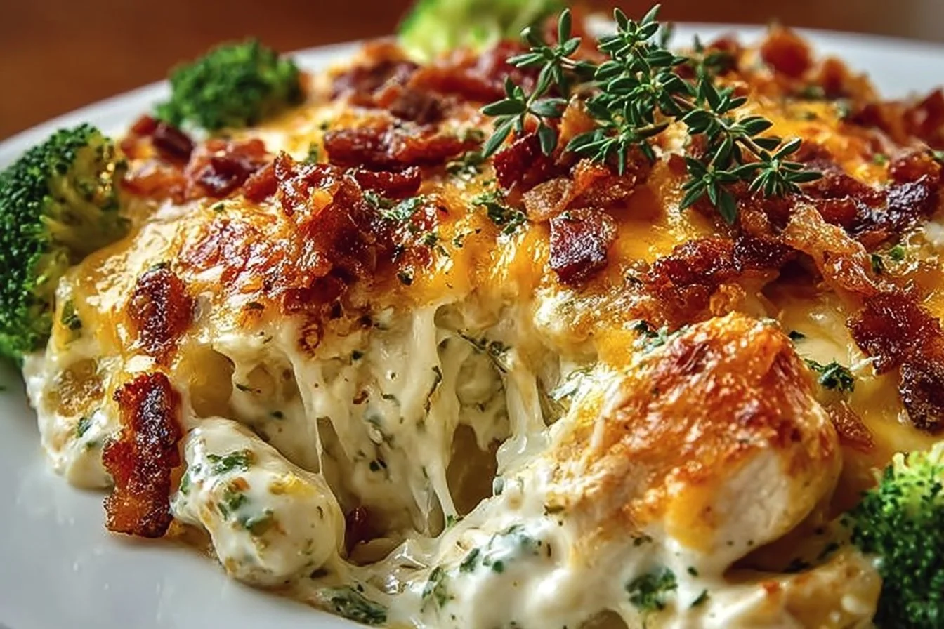 Creamy low carb chicken casserole topped with cheese and vegetables