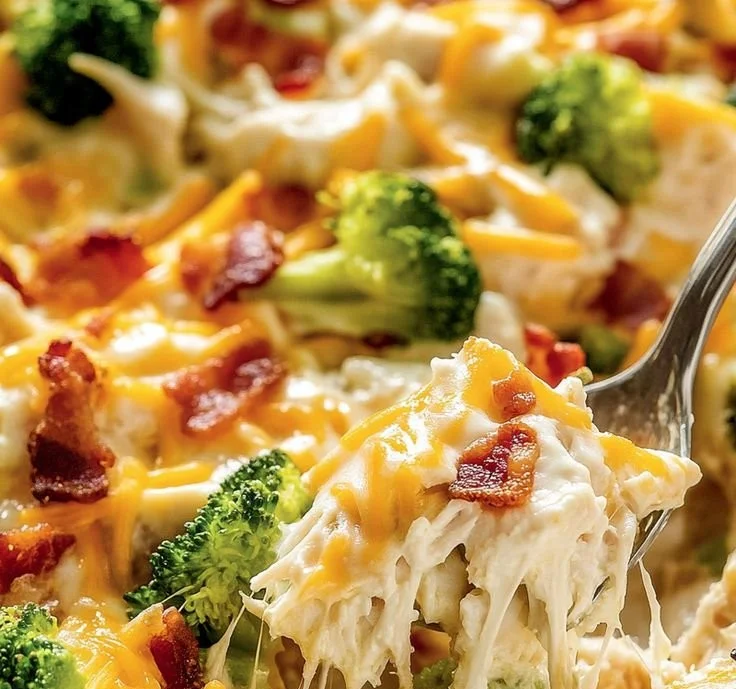 Creamy low carb chicken casserole in a baking dish, topped with cheese and herbs.