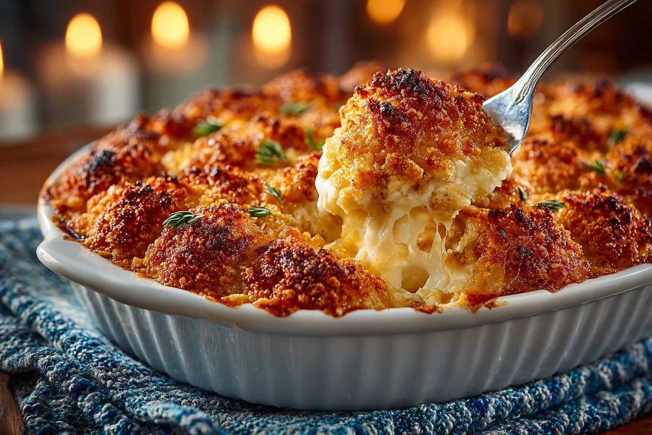 Creamy Ritz Cracker Chicken Casserole with a golden crust and tender chicken