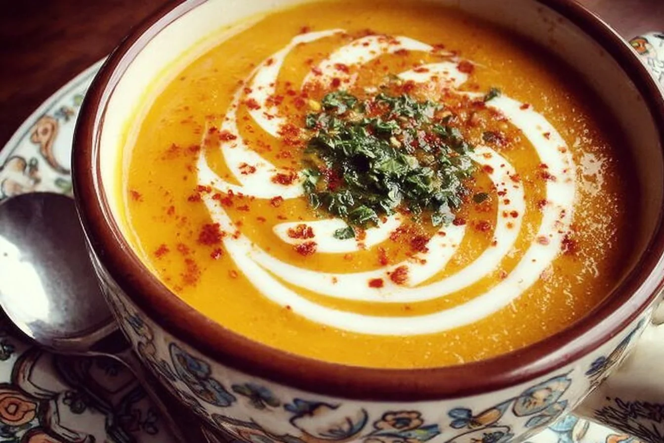 Bowl of creamy roasted pumpkin soup topped with herbs and spices