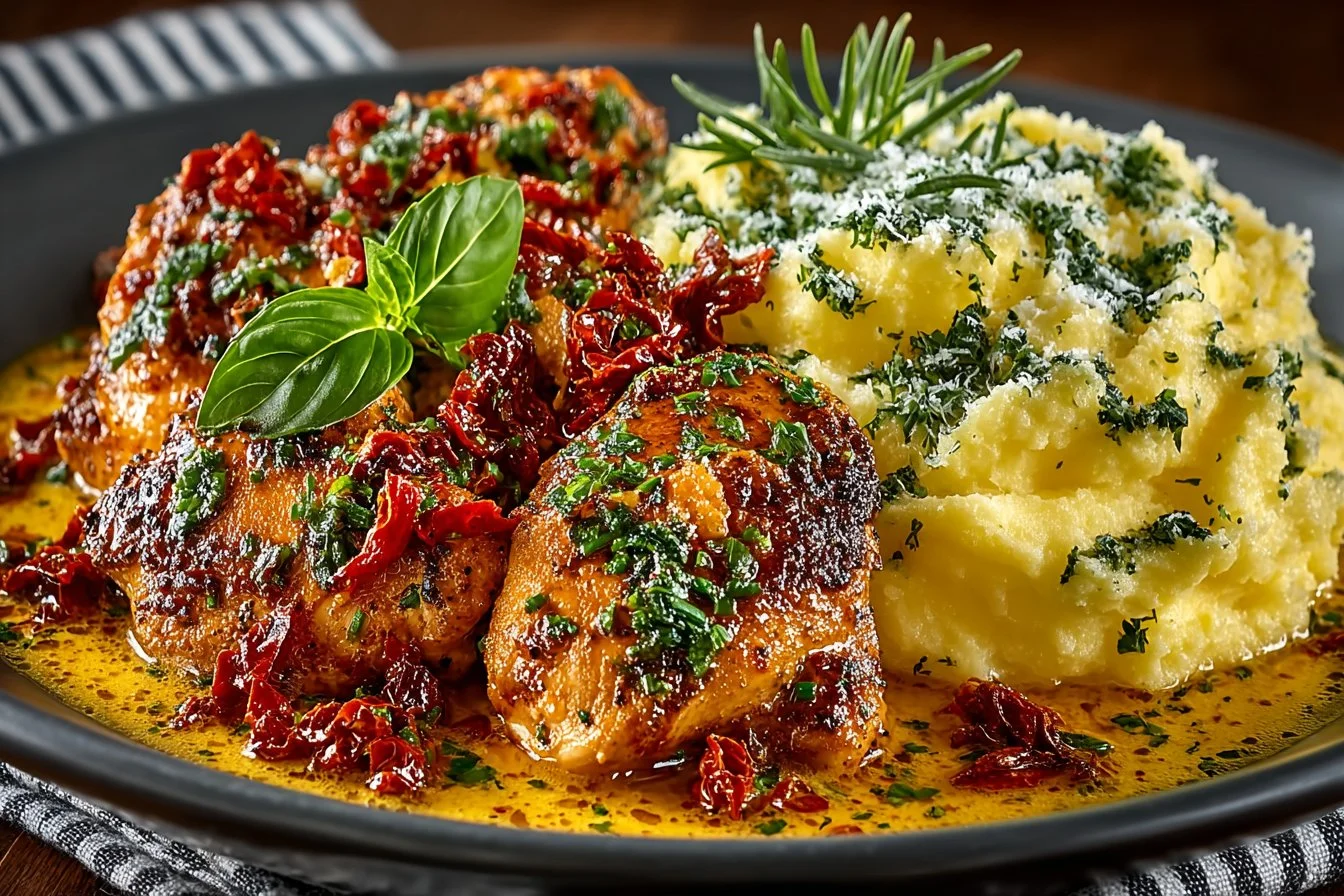 Creamy sundried tomato chicken cooked in a rich sauce with herbs