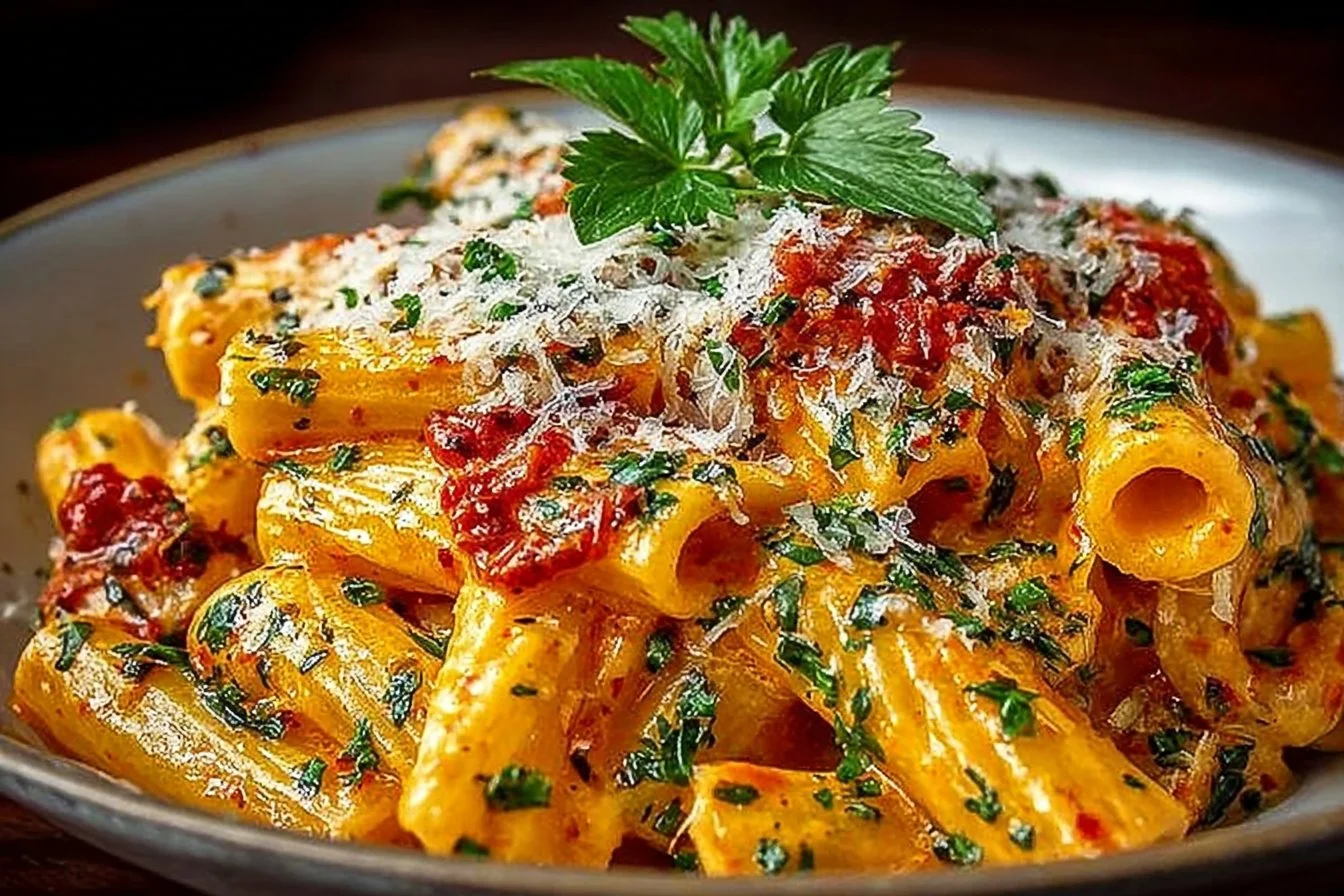 Creamy tomato garlic pasta served in a bowl with fresh herbs