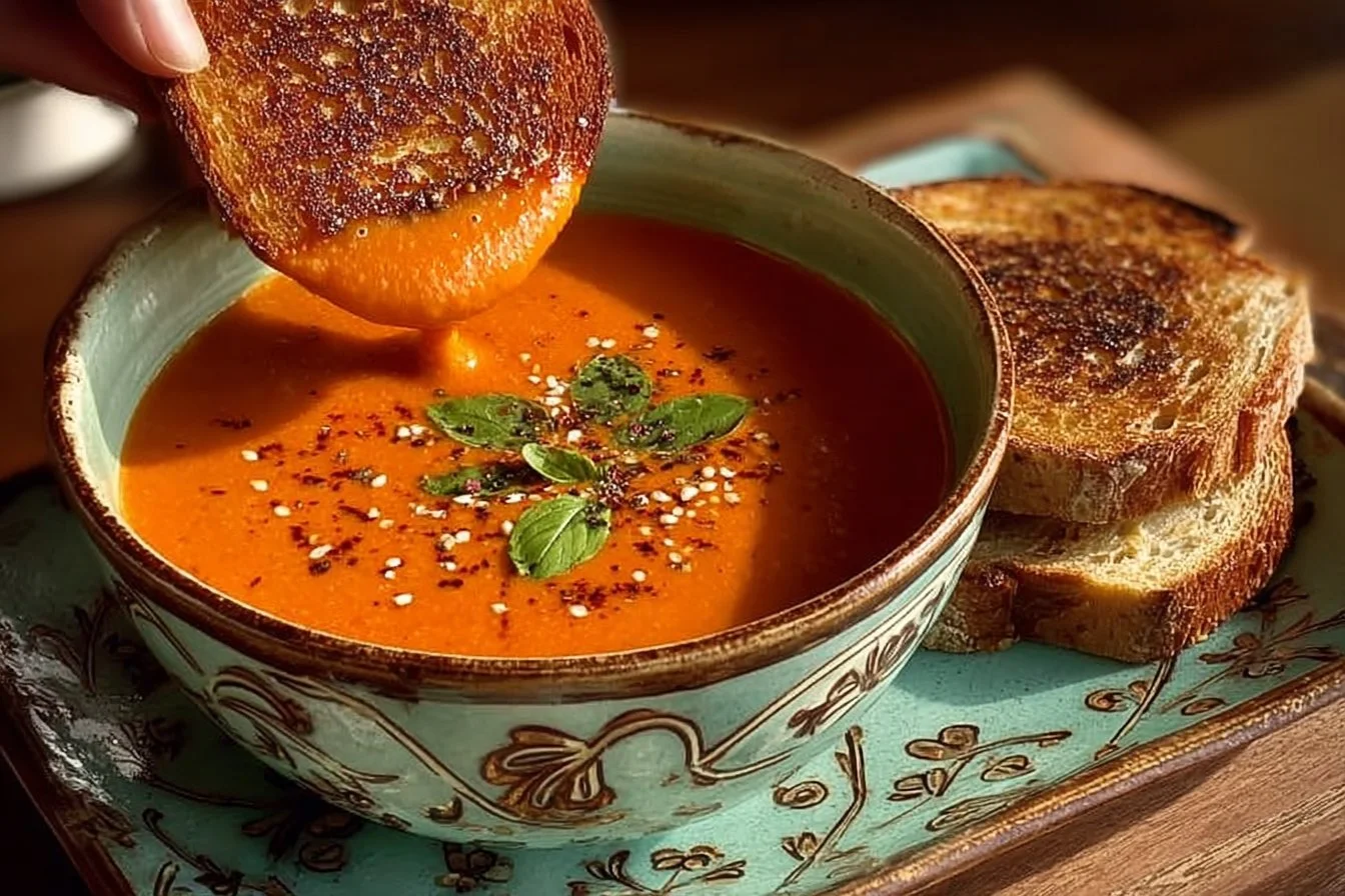 Bowl of creamy tomato soup garnished with basil leaves