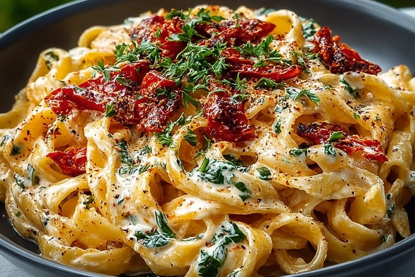 Creamy vegan sun-dried tomato pasta served in a bowl
