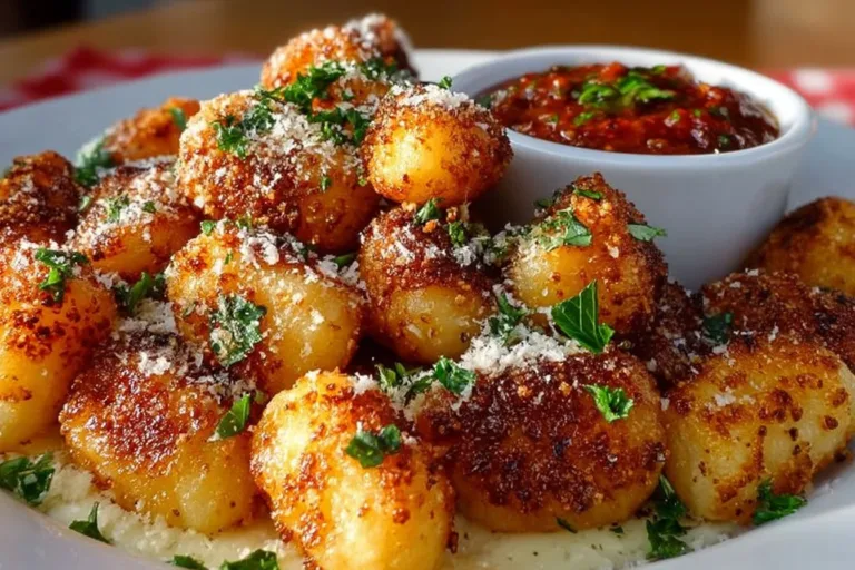 Crispy air fryer gnocchi served on a plate garnished with herbs