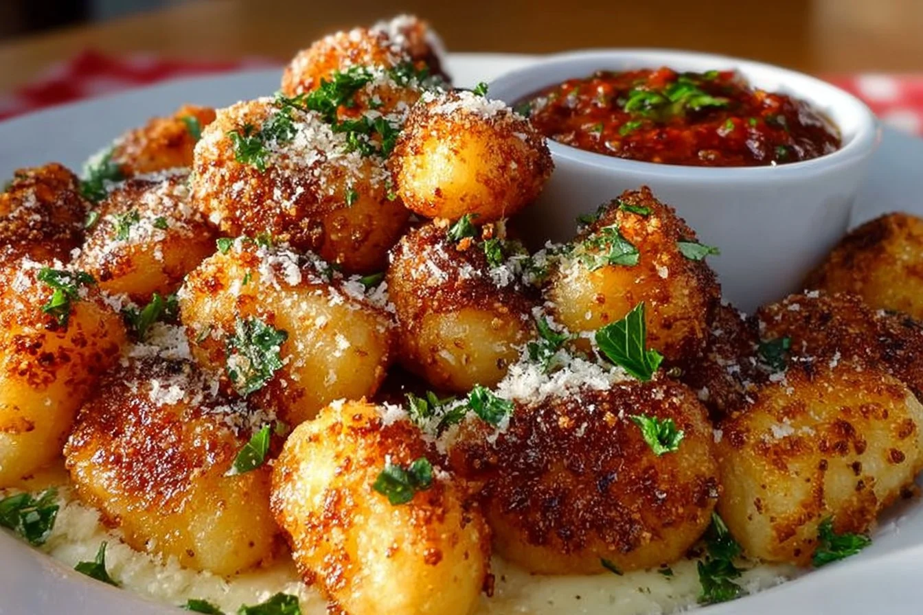 Crispy air fryer gnocchi served on a plate garnished with herbs