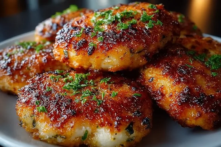 Crispy air fryer chicken rissoles served on a plate with dipping sauce