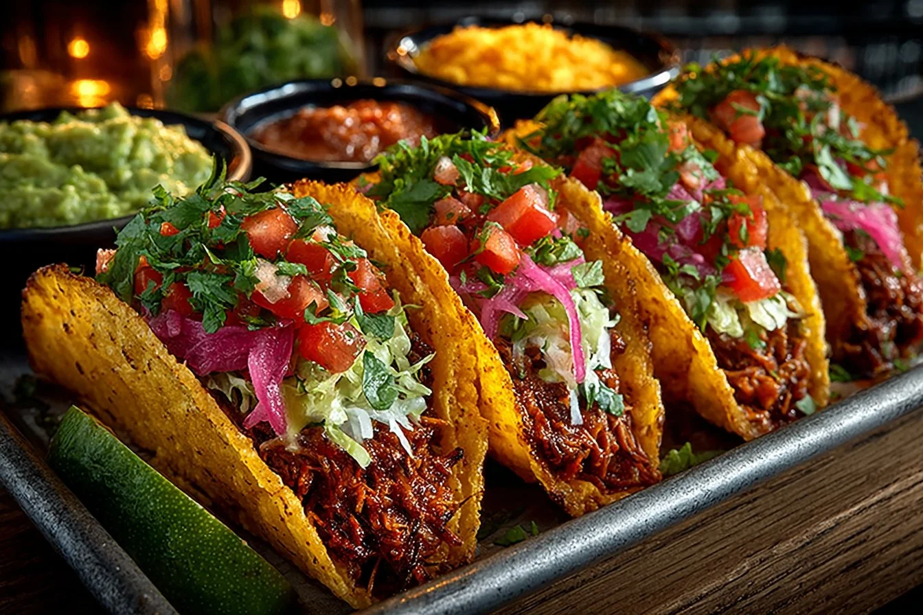 Crispy baked beef tacos topped with fresh ingredients and served on a plate
