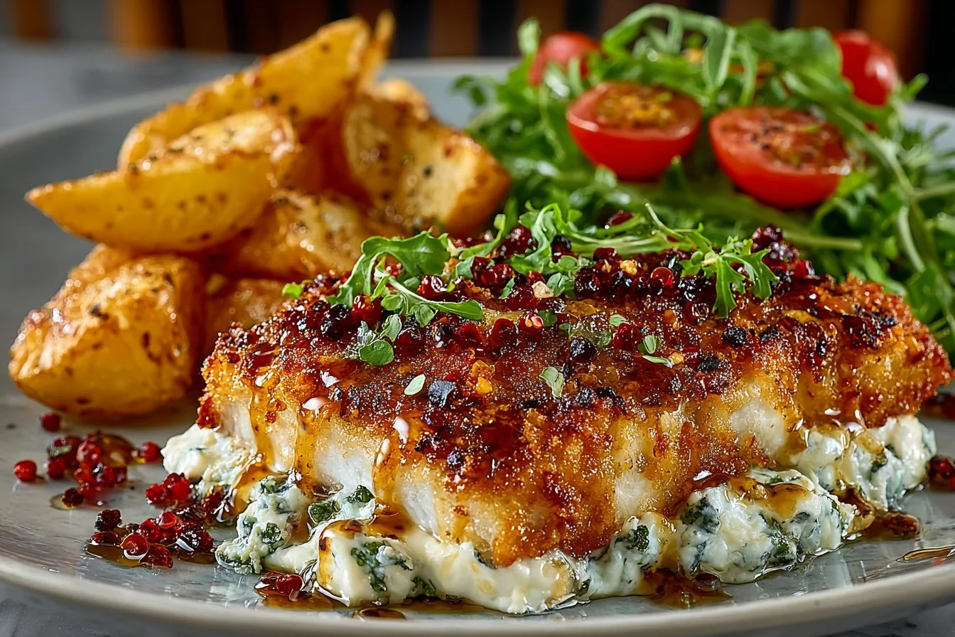 Crispy Hot Honey Feta Chicken plated with herbs and spices