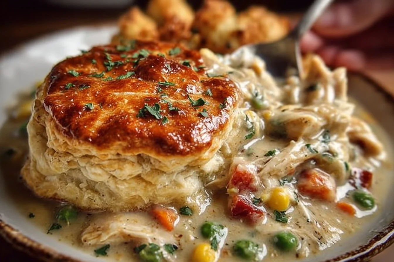Crock Pot Chicken Pot Pie served in a bowl with vegetables and flaky crust.