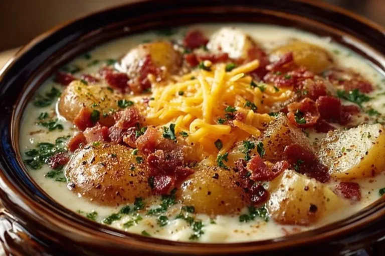 Creamy Crock Pot Crack Potato Soup garnished with green onions and bacon