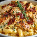Delicious bowl of Crock Pot Creamy Cajun Chicken Pasta topped with herbs