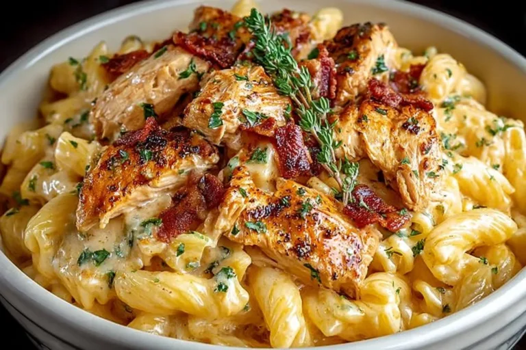 Delicious bowl of Crock Pot Creamy Cajun Chicken Pasta topped with herbs