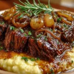 Crock Pot French Onion Pot Roast served with onions and herbs