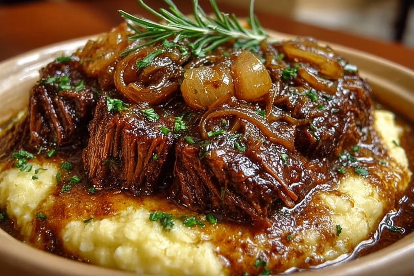 Crock Pot French Onion Pot Roast served with onions and herbs