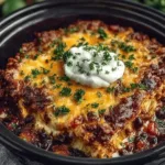 Crock Pot Mexican lasagna served in a dish with toppings.