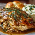 Delicious crockpot chicken and gravy served on a plate