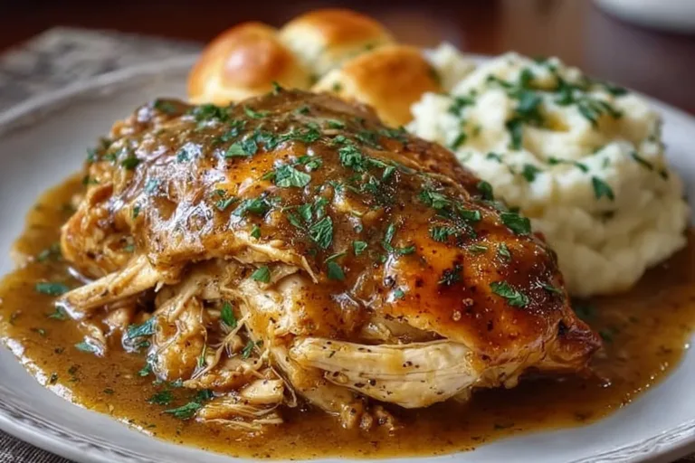 Delicious crockpot chicken and gravy served on a plate