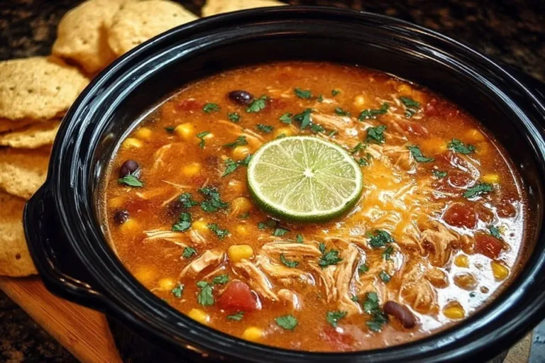 Bowl of delicious Crockpot chicken tortilla soup topped with tortilla strips.