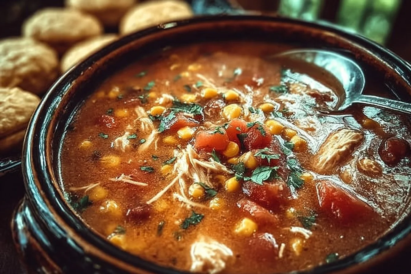 Bowl of crockpot chicken tortilla soup garnished with tortilla strips and cilantro