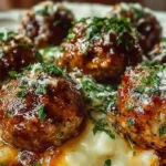 Crockpot French Onion Meatballs served with melted cheese and herbs