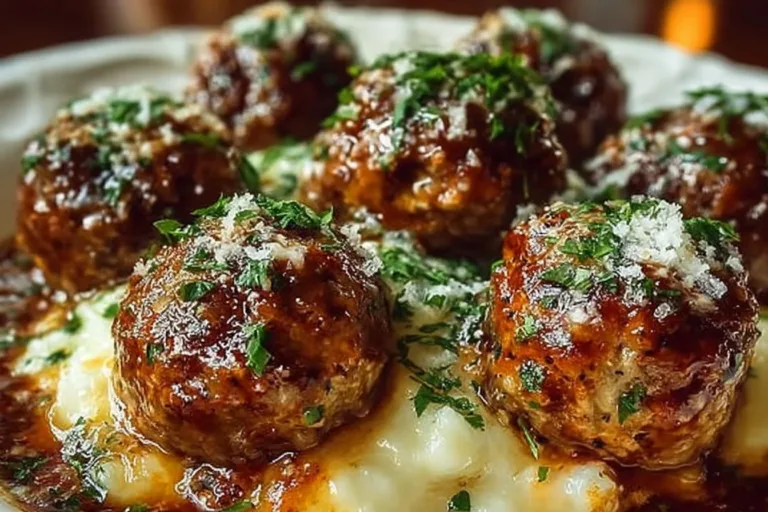 Crockpot French Onion Meatballs served with melted cheese and herbs
