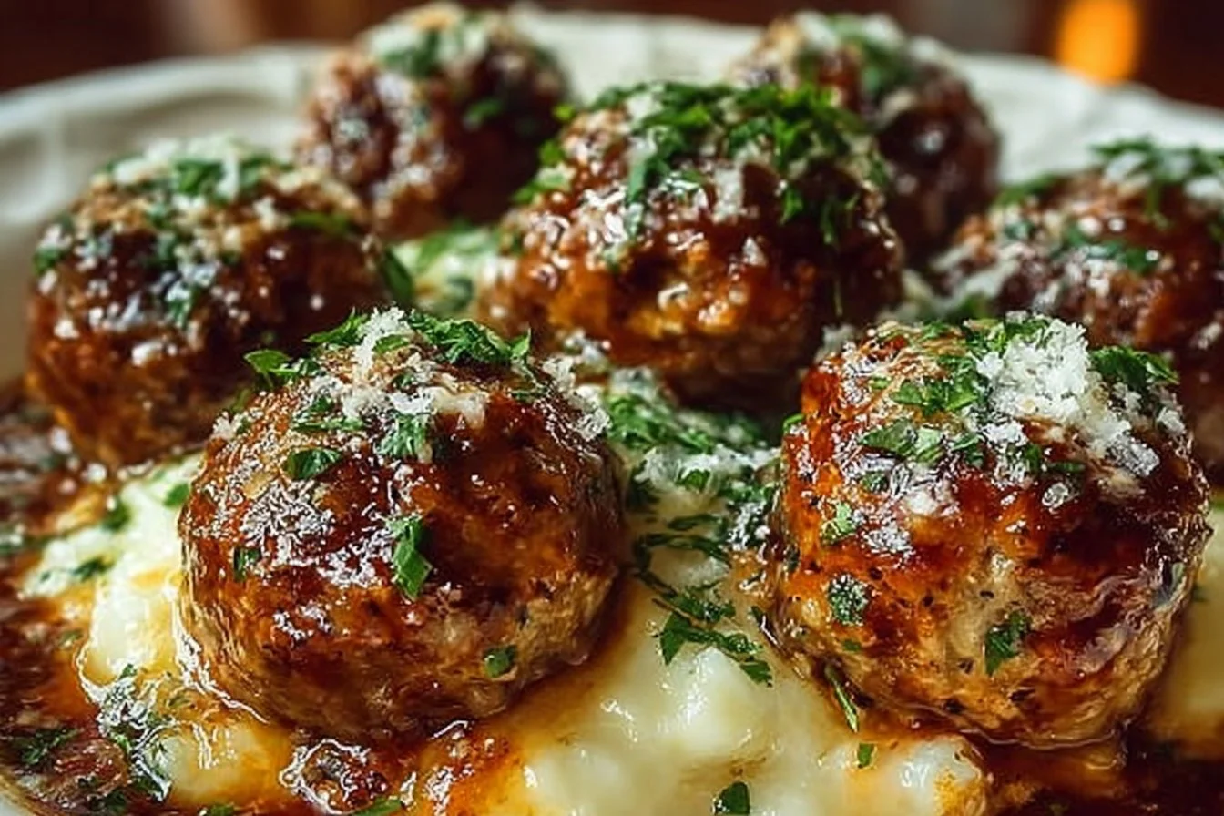 Crockpot French Onion Meatballs served with melted cheese and herbs