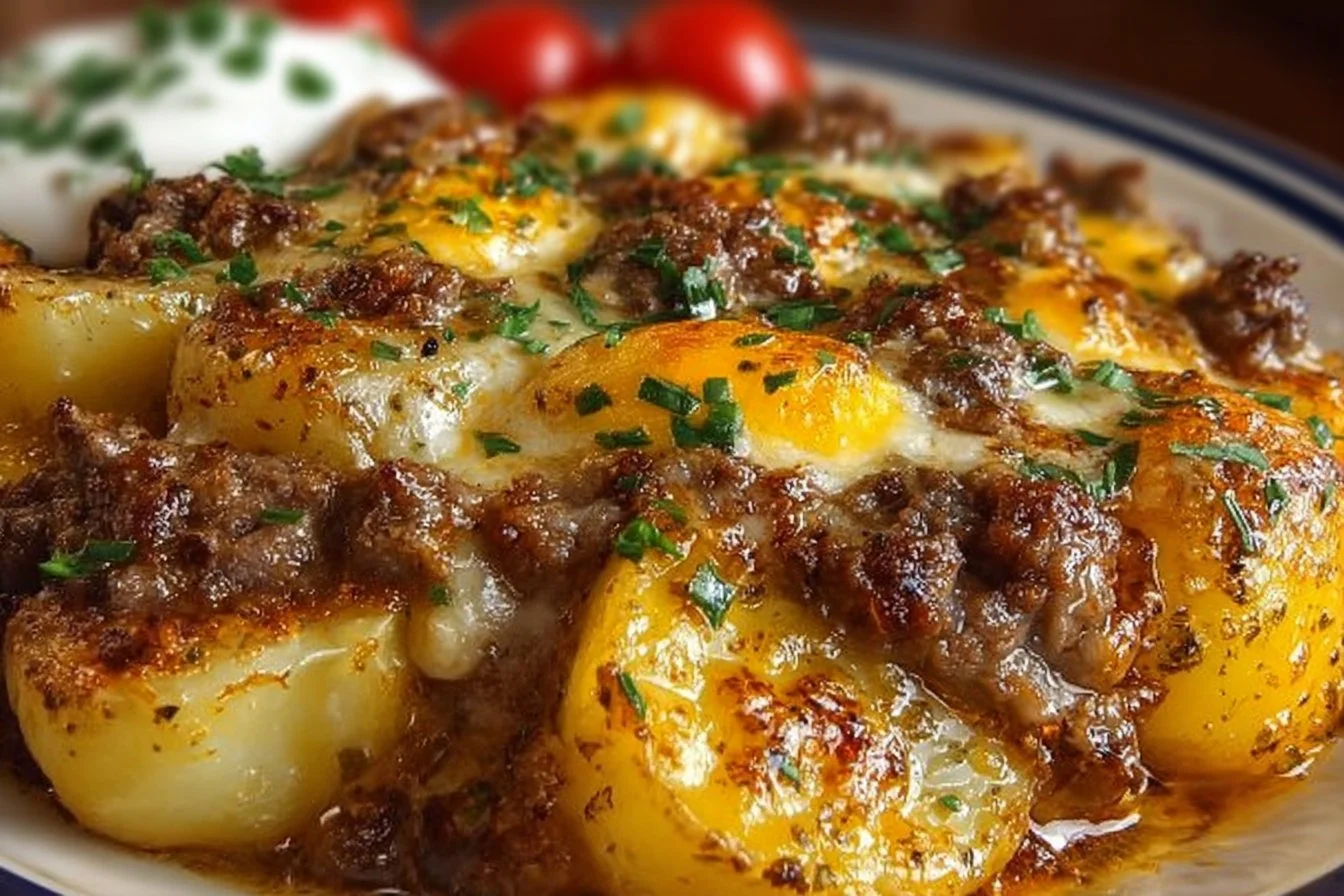 Crockpot Hamburger Potato Casserole in a serving dish, garnished and ready to serve.