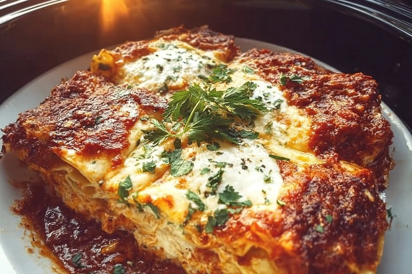A delicious serving of Crockpot Lasagna filled with layers of cheese, sauce, and pasta.