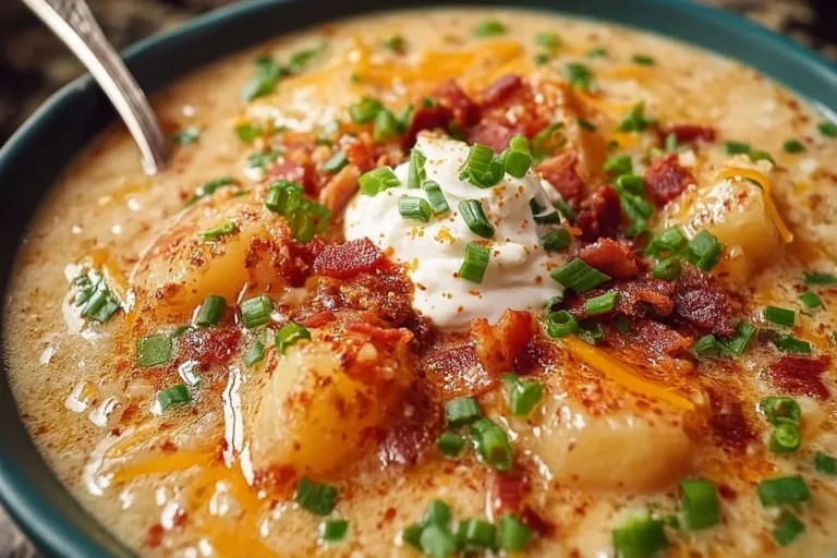 Bowl of creamy crockpot potato soup made with frozen potatoes