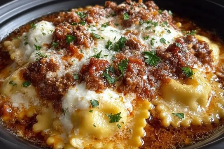 Crockpot ravioli lasagna served in a bowl, showcasing layers of pasta and sauce.