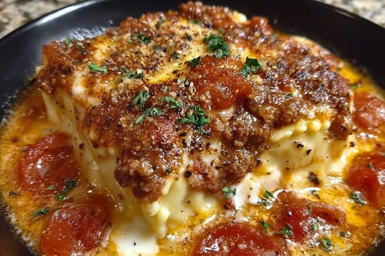 Delicious Crockpot Ravioli Lasagna served hot, showcasing layers of pasta and sauce.