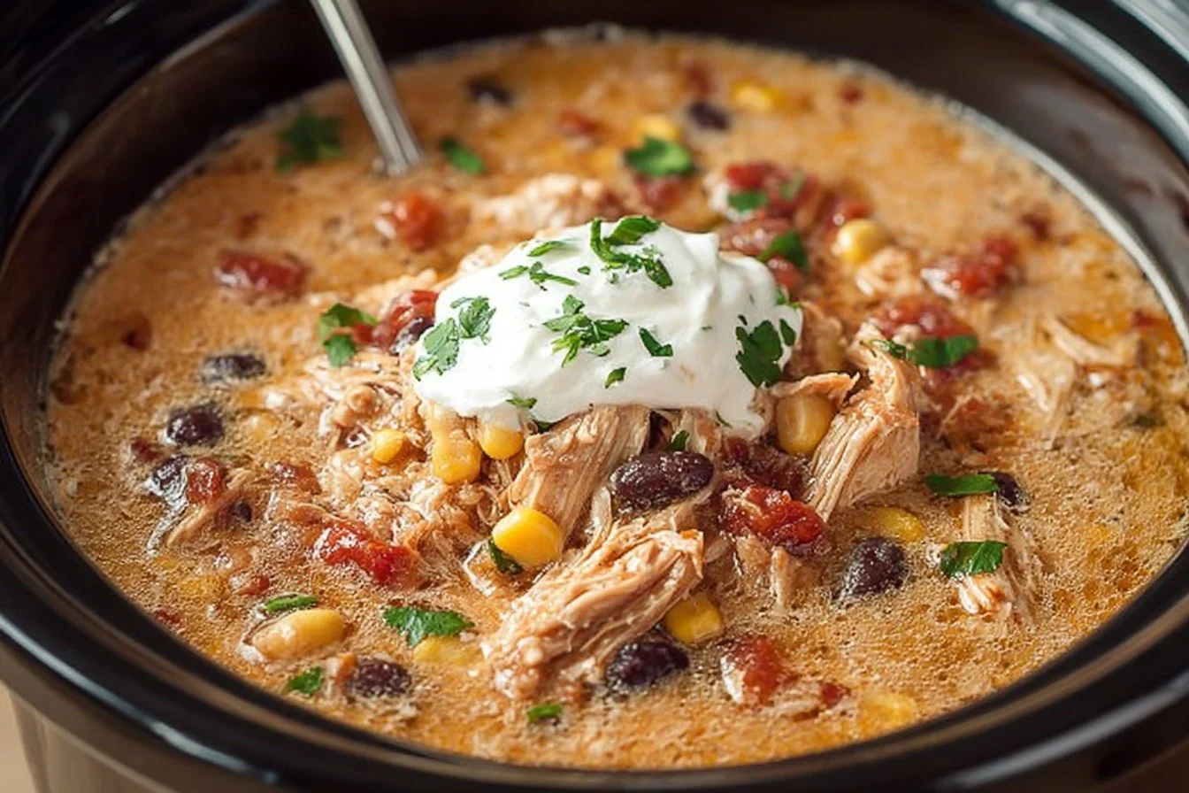Delicious bowl of Crockpot White Chicken Chili garnished with cilantro