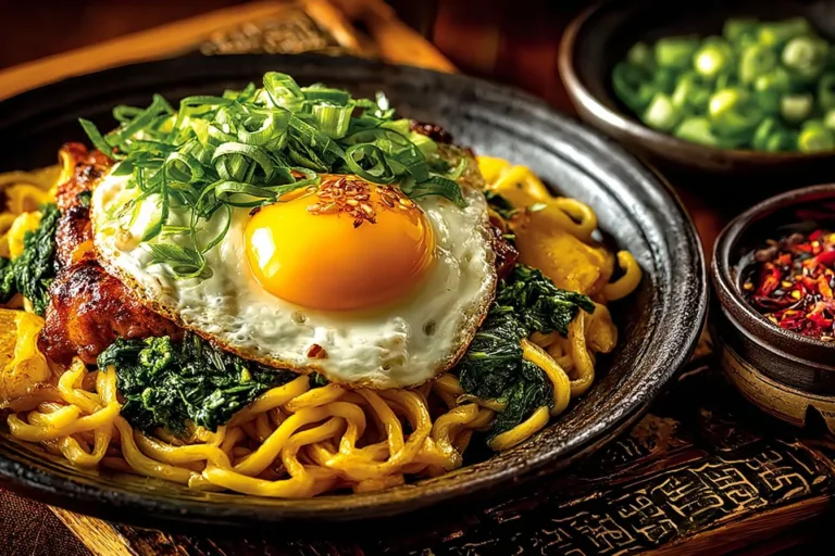 Bowl of decadent miso udon garnished with scallions and sesame seeds