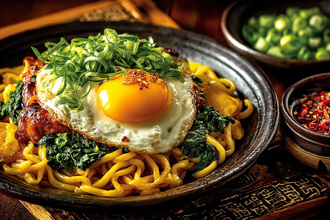 Bowl of decadent miso udon garnished with scallions and sesame seeds