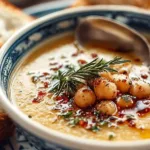 A bowl of delicious garlic chickpea soup garnished with herbs.