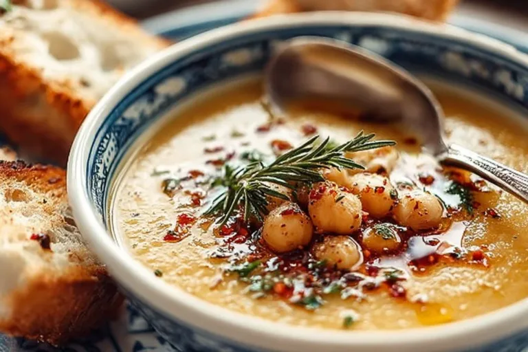 A bowl of delicious garlic chickpea soup garnished with herbs.