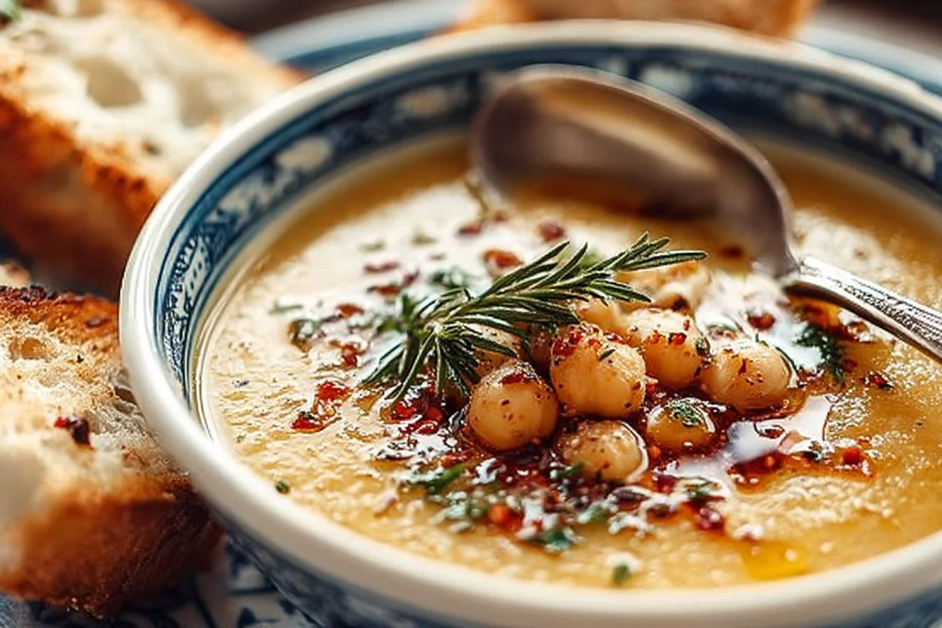 A bowl of delicious garlic chickpea soup garnished with herbs.