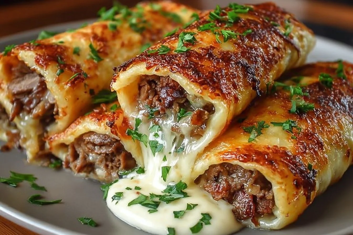Delicious keto cheesesteak roll ups served on a plate with toppings.