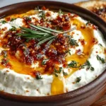 Delicious ricotta dip topped with hot honey in a serving bowl