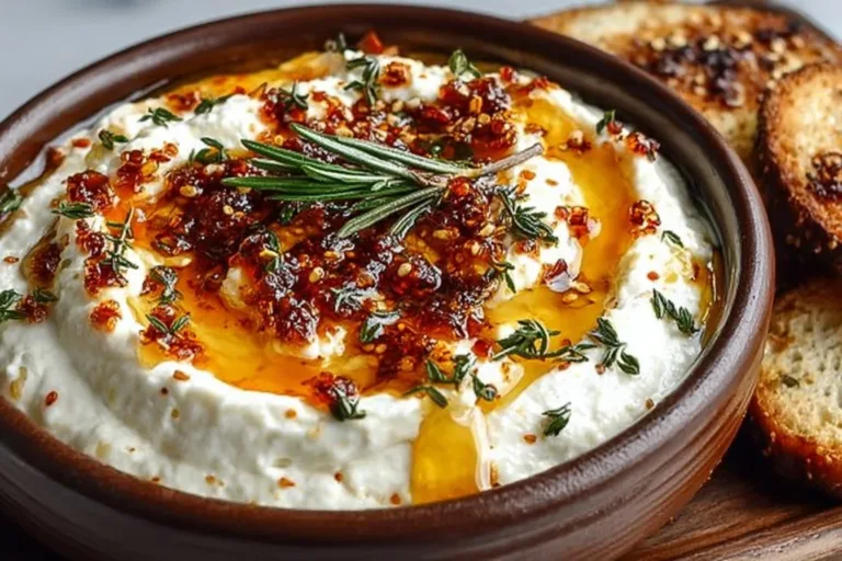 Delicious ricotta dip topped with hot honey in a serving bowl