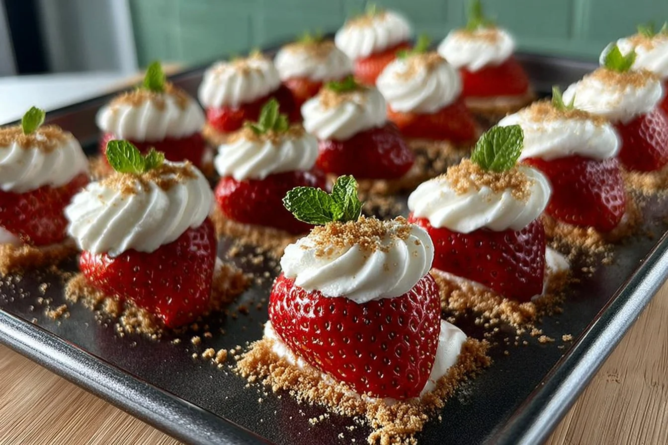 Deviled strawberries topped with creamy filling and garnished for a festive touch