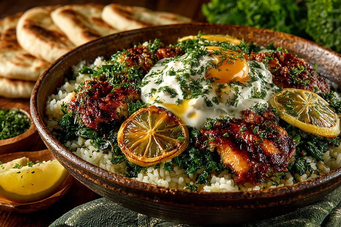 Dump and Bake Chicken Tzatziki served over rice with fresh herbs and flavor