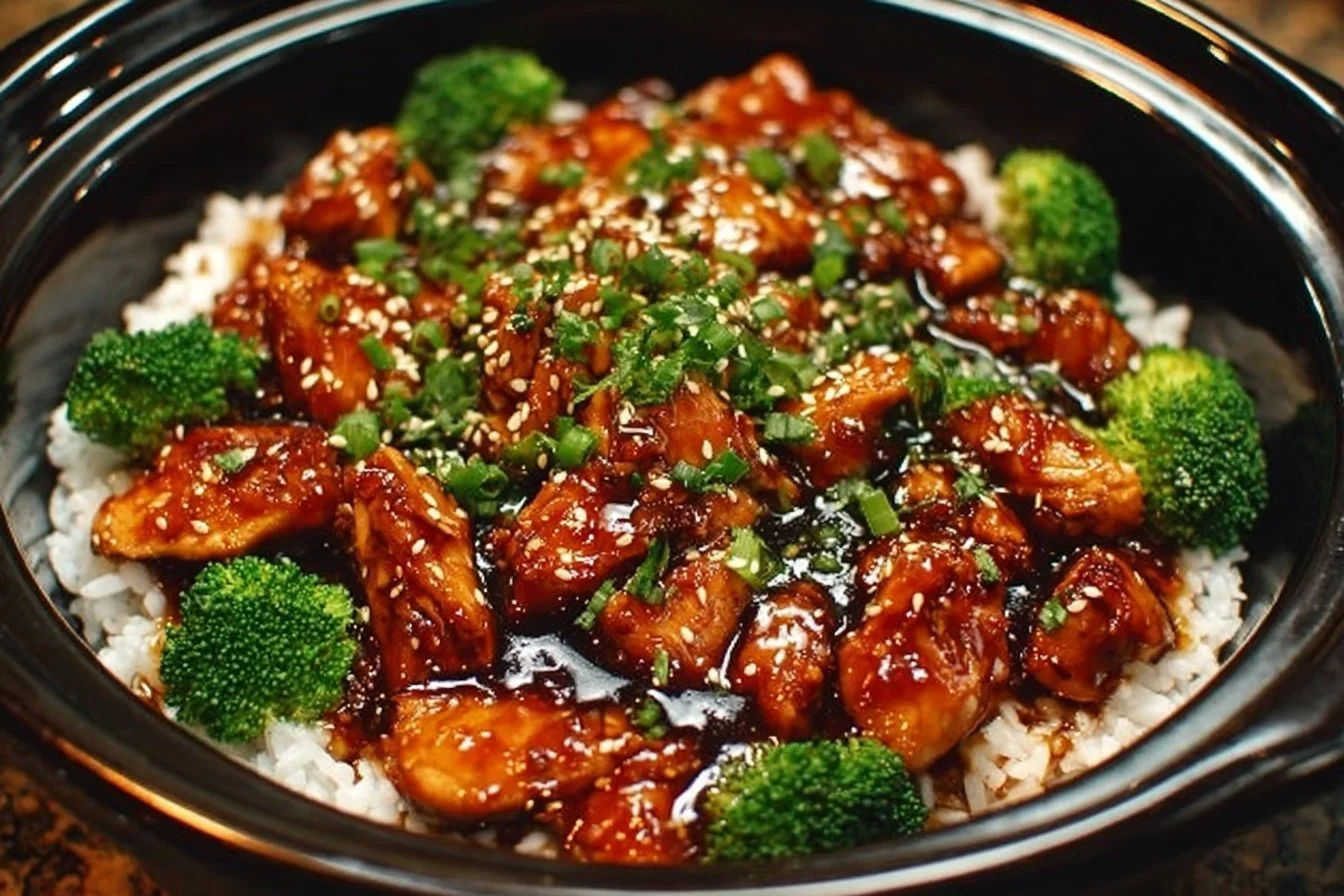 Delicious crockpot teriyaki chicken served with rice and vegetables