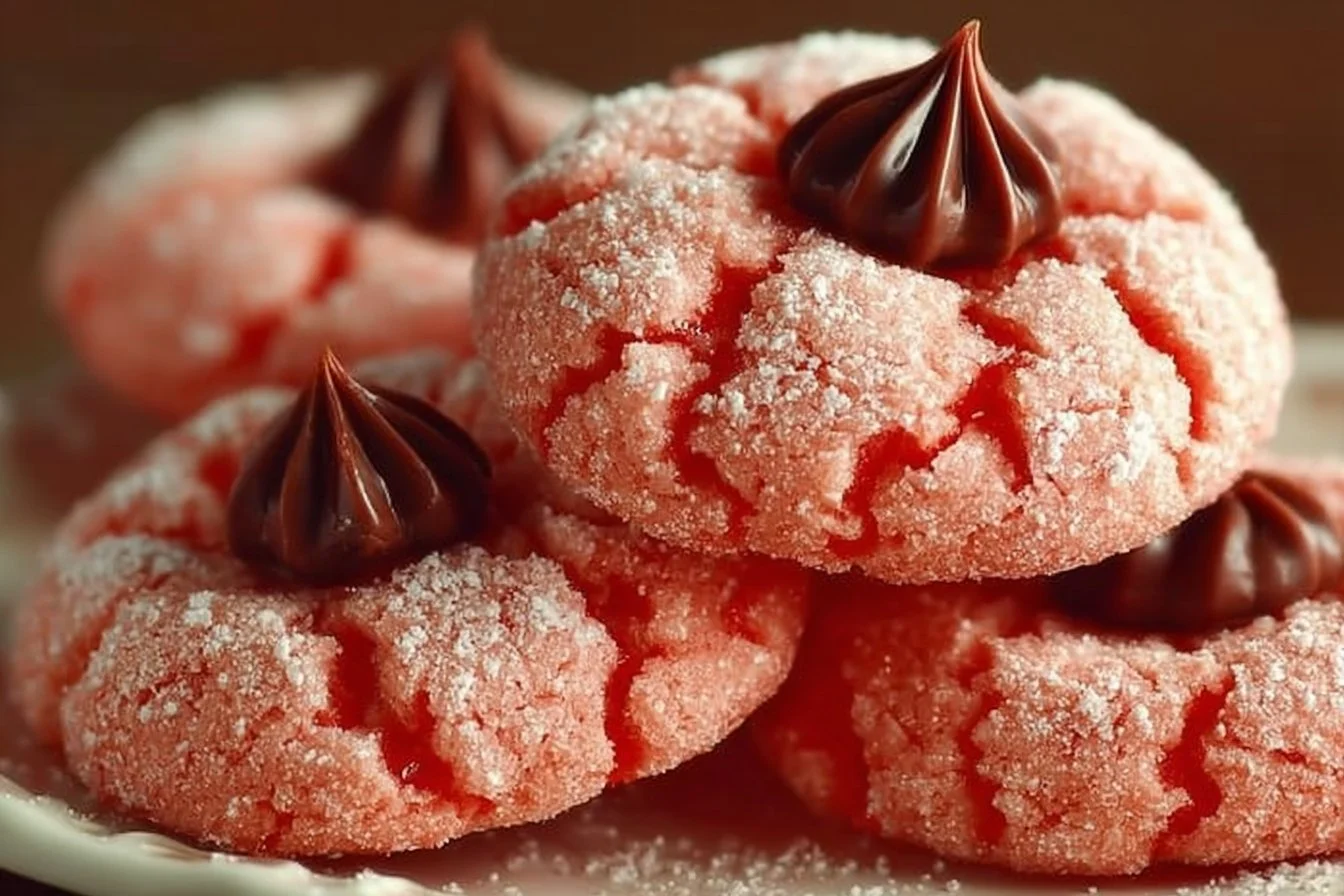 Easiest strawberry kiss cookies with strawberries and chocolate kisses on top