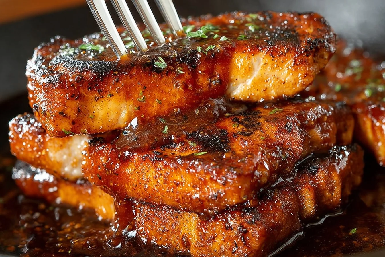 Delicious honey garlic pork chops plated with vegetables