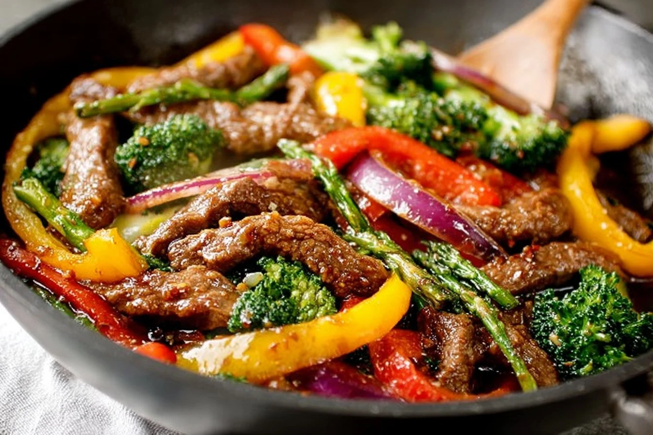 Easy beef stir-fry with colorful vegetables served in a bowl