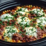 Delicious crockpot lasagna dish served with fresh herbs