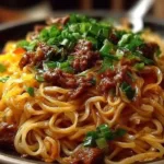 Delicious plate of easy Mongolian Ground Beef Noodles topped with green onions.