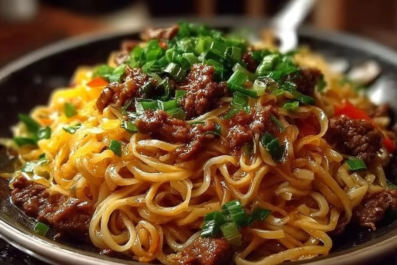Delicious plate of easy Mongolian Ground Beef Noodles topped with green onions.